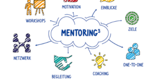 In der Mitte einer Wolke steht "Mentoring3". Drumherum stehen die Wörter: Workshop, Motivation, Einblicke, Ziele, One-to-One, Coaching, Begleitung und Netzwerk.