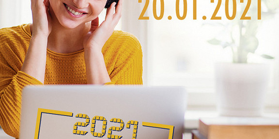 Flyer der Dortmunder Hochschultage 2021, auf dem eine Person vor einem Laptop sitzt