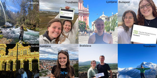 Collage of students in front of different sights