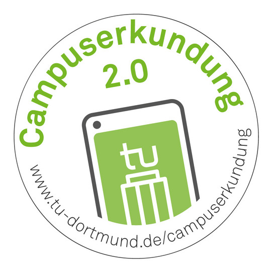 Auf dem kreisrunden Logo steht "Campuserkundung 2.0" und "www.tu-dortmund.de/campuserkundung"