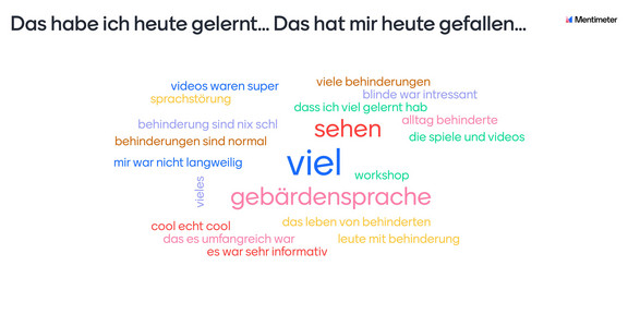 Mentimeter Boys Day Antworten der Teilnehmer des Boys Day zur Frage "Das habe ich heute gelernt... Das hat mir heute gefallen" grafisch nach Häufigkeit sortiert
