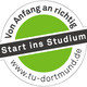 Logo Start ins Studium Auf dem kreisrunden Logo steht "Start ins Studium", "Von Anfang an richtig" und "www.tu-dortmund.de"