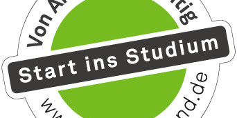 Auf dem kreisrunden Logo steht "Start ins Studium", "Von Anfang an richtig" und "www.tu-dortmund.de"