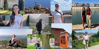 Collection of photos of various students in front of landscapes and sightseeing attractions