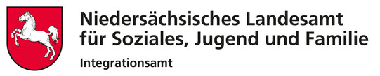Das Bild zeigt das Logo vom „Niedersächsischen Landesamt für Soziales, Jugend und Familie“. Links ist ein Wappen zu sehen, das ein Pferd zeigt. Rechts daneben steht „Niedersächsisches Landesamt für Soziales, Jugend und Familie“ in schwarzen Druckbuchstaben. Darunter steht der Schriftzug „Integrationsamt“.
