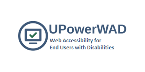 Piktogramm eines Computers in einem Kreis, daneben der Schriftzug "UPowerWAD Web Accessibility for End Users with Disabilities"