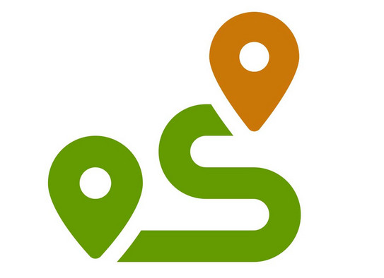 News-Icon Anfahrt Icon zeigt eine grüne und eine orangene Ortsmarkierung, die mit einem gewundenen Weg verbunden sind.